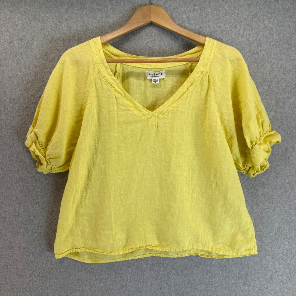 Velvet Graham & Spencer Linen Top Yellow Short Sleeve VNeck Blouse Cottage Small
